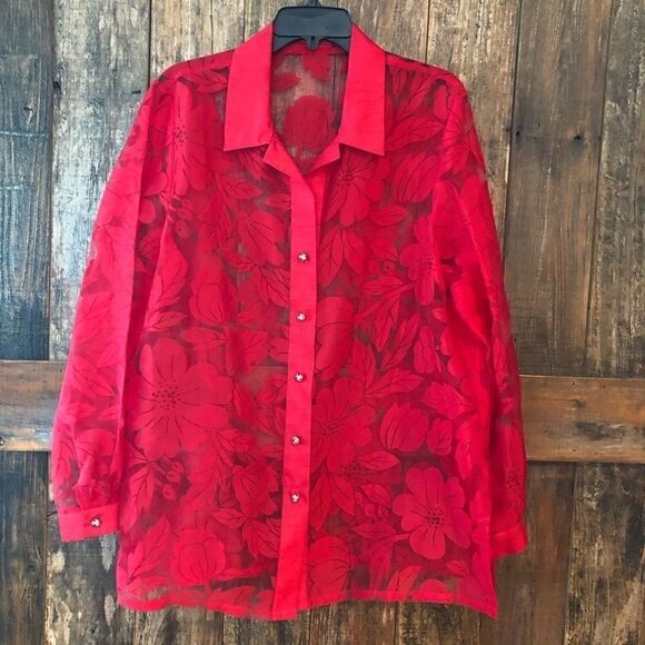 Sheer Button Down L* Floral Red Rhinestone Valentines Evening Relaxed Fit Shirt - Picture 2 of 7